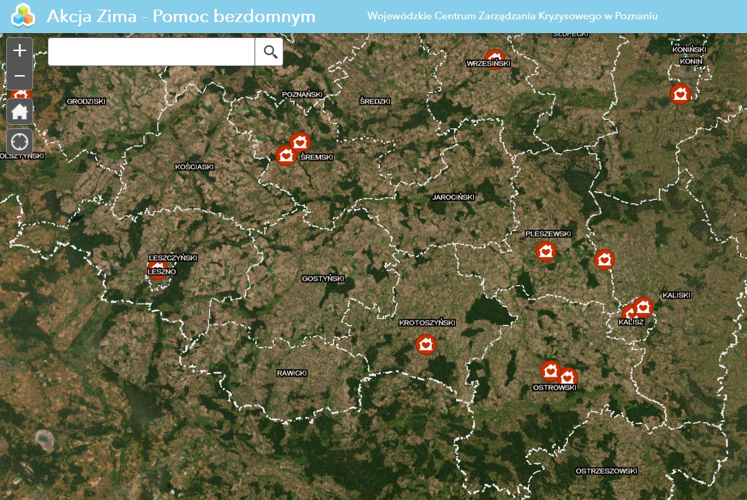 mapa z miejscami schronienia dla bezdomnych, południowa wielkopolska